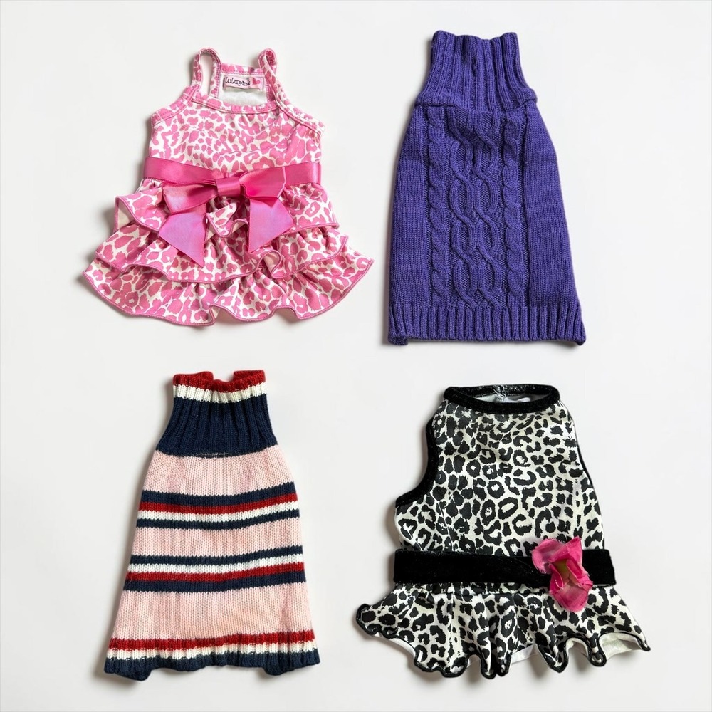 Lulupink Dog Clothes Bundle 4pc Small XS Sweaters Dresses Leopard Stripe Purple